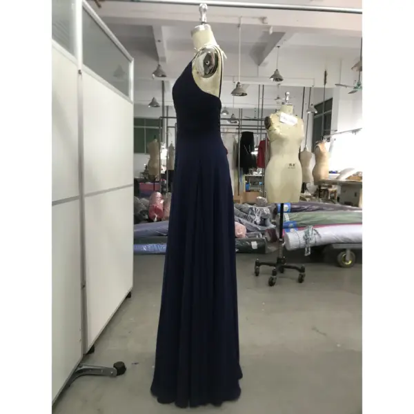 Evelina Navy Ruched Chiffon Lace Applique Gown - Elegant Side Profile View