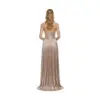 Detailed back view of Penelope in Rose Gold Metallic Plissé Dress highlighting the V-back design, delicate spaghetti straps, structured corset-style bodice and cascading pleated metallic skirt with hidden zipper closure
