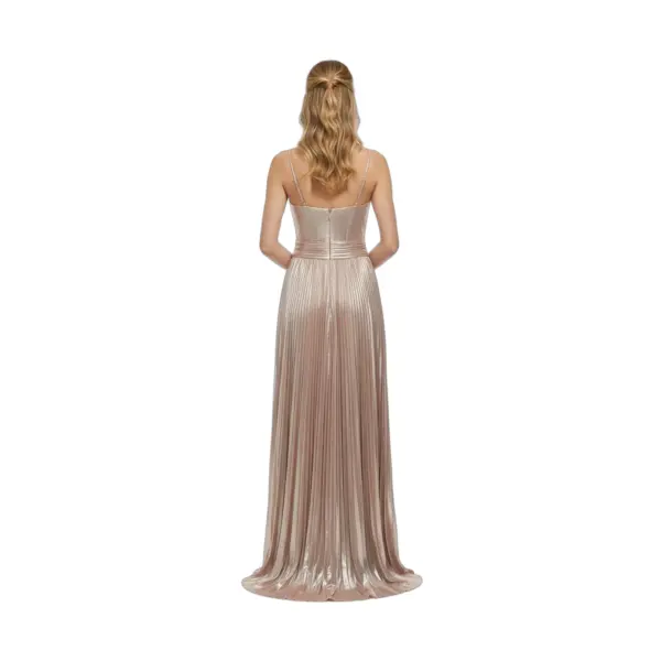 Detailed back view of Penelope in Rose Gold Metallic Plissé Dress highlighting the V-back design, delicate spaghetti straps, structured corset-style bodice and cascading pleated metallic skirt with hidden zipper closure