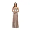 Front view of Penelope Metallic Plissé Dress in shimmering Rose Gold featuring a sweetheart neckline, ruched bodice and flowing pleated A-line skirt with natural waist definition