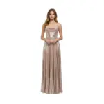 Front view of Penelope Metallic Plissé Dress in shimmering Rose Gold featuring a sweetheart neckline, ruched bodice and flowing pleated A-line skirt with natural waist definition