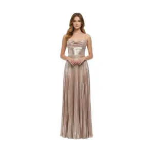 Front view of Penelope Metallic Plissé Dress in shimmering Rose Gold featuring a sweetheart neckline, ruched bodice and flowing pleated A-line skirt with natural waist definition