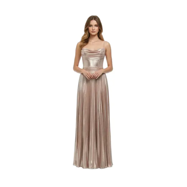 Front view of Penelope Metallic Plissé Dress in shimmering Rose Gold featuring a sweetheart neckline, ruched bodice and flowing pleated A-line skirt with natural waist definition