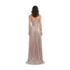 Back view of the Alessandra in Rose Gold gown showcasing the strapless pleated bodice, concealed back zipper closure, and cascading metallic plissé floor-length skirt with gentle drape and slight train effect