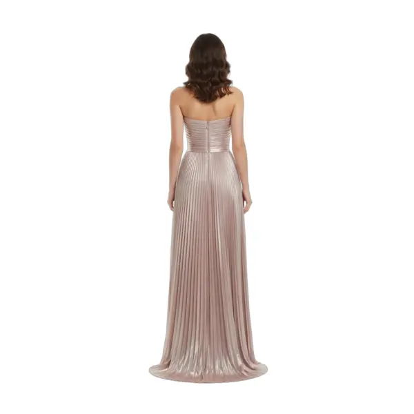 Back view of the Alessandra in Rose Gold gown showcasing the strapless pleated bodice, concealed back zipper closure, and cascading metallic plissé floor-length skirt with gentle drape and slight train effect