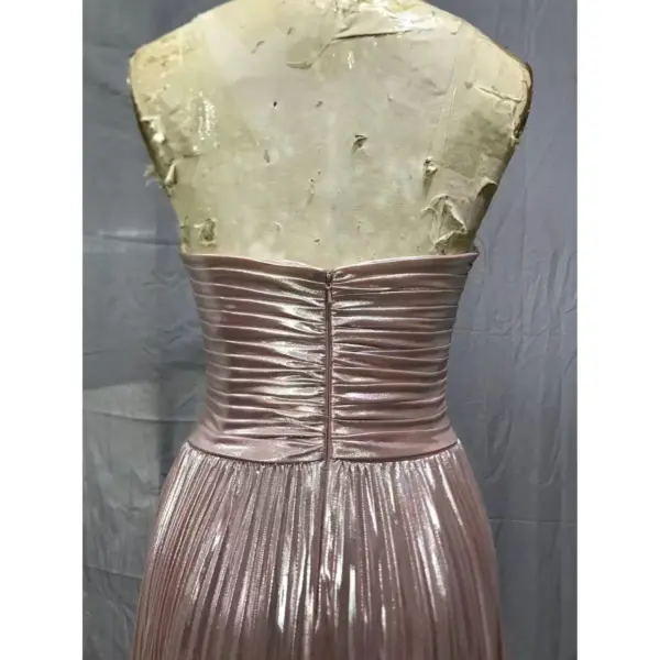 Alessandra Rose Gold Metallic Plissé Slit Gown - Detail View 4