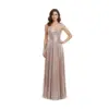 Front view of Alessandra in shimmering rose gold metallic plissé fabric, strapless sweetheart neckline with ruched bodice, natural waistband, and flowing pleated A-line skirt with subtle high slit