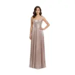 Front view of Alessandra in shimmering rose gold metallic plissé fabric, strapless sweetheart neckline with ruched bodice, natural waistband, and flowing pleated A-line skirt with subtle high slit