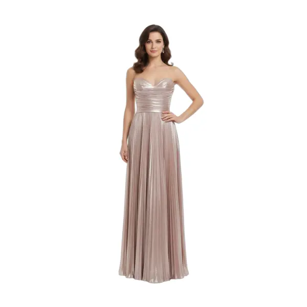 Front view of Alessandra in shimmering rose gold metallic plissé fabric, strapless sweetheart neckline with ruched bodice, natural waistband, and flowing pleated A-line skirt with subtle high slit