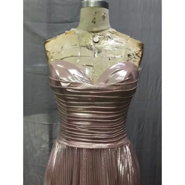 Alessandra Rose Gold Metallic Plissé Slit Gown - Detail View 3