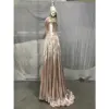 Alessandra Rose Gold Metallic Plissé Slit Gown - Detail View 2