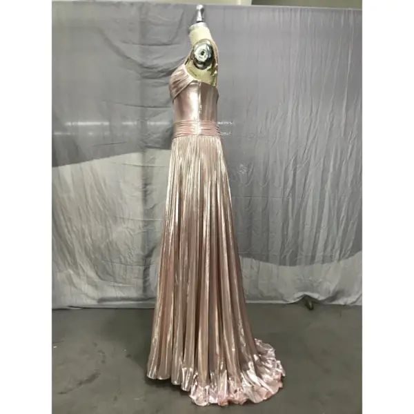 Alessandra Rose Gold Metallic Plissé Slit Gown - Detail View 2