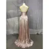 Alessandra Rose Gold Metallic Plissé Slit Gown - Detail View 5