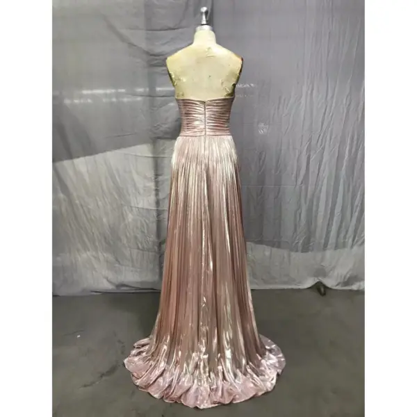 Alessandra Rose Gold Metallic Plissé Slit Gown - Detail View 5