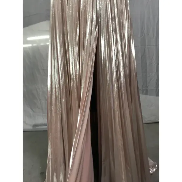 Alessandra Rose Gold Metallic Plissé Slit Gown - Detail View 7
