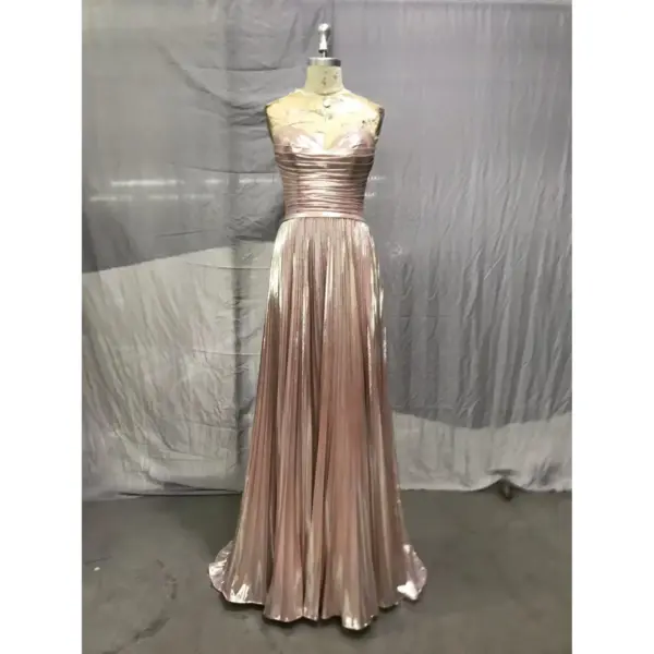 Alessandra Rose Gold Metallic Plissé Slit Gown - Detail View 6