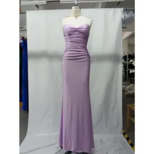 Front view of the Angie Lilac Ruched Jersey Sheath Gown featuring a strapless sweetheart neckline, intricate ruching throughout the bodice and hips, and a sleek column silhouette in luxurious lilac stretch jersey fabric.
