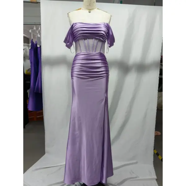 Front view of the Natasha Lilac Stretch Satin Mermaid Gown featuring an off-the-shoulder draped bodice with short flutter sleeves, a sheer corset midsection with vertical beaded straps, ruched natural waist, and a curve-hugging floor-length skirt with a high slit, all in luxurious stretch satin.