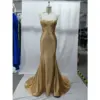 Front view of the Flavia Golden Stretch Satin Mermaid Gown featuring a sweetheart neckline with spaghetti straps, sculpted corset bodice with internal boning, and a figure-hugging mermaid silhouette in luxurious golden stretch satin that flows into a dramatic sweeping train.