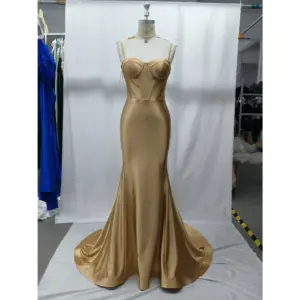 Front view of the Flavia Golden Stretch Satin Mermaid Gown featuring a sweetheart neckline with spaghetti straps, sculpted corset bodice with internal boning, and a figure-hugging mermaid silhouette in luxurious golden stretch satin that flows into a dramatic sweeping train.