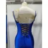 Seraphina Royal Blue Lace Applique Stretch Satin Mermaid Dress - Back Tailoring & Slit Detail