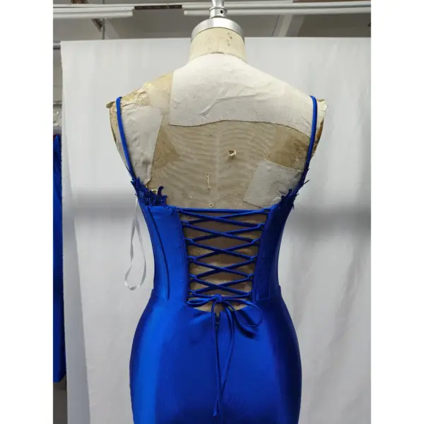 Seraphina Royal Blue Lace Applique Stretch Satin Mermaid Dress - Back Tailoring & Slit Detail