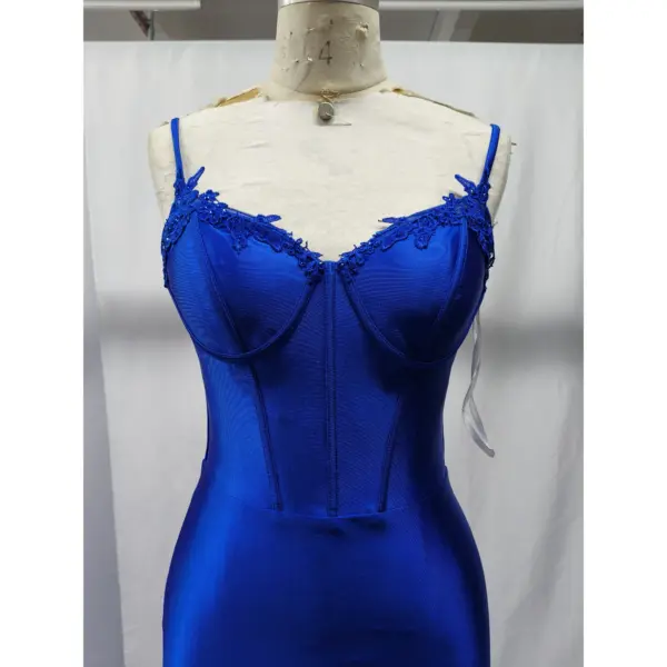 Seraphina Royal Blue Lace Applique Stretch Satin Mermaid Dress - Bodice & Neckline Detail