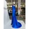 Seraphina Royal Blue Lace Applique Stretch Satin Mermaid Dress - Elegant Side Profile View