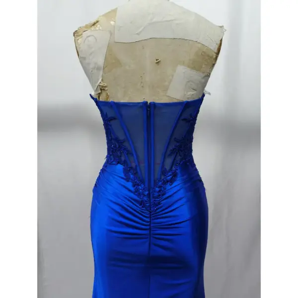 Allison Royal Blue Lace Applique Stretch Satin Mermaid Gown - Back Tailoring & Slit Detail