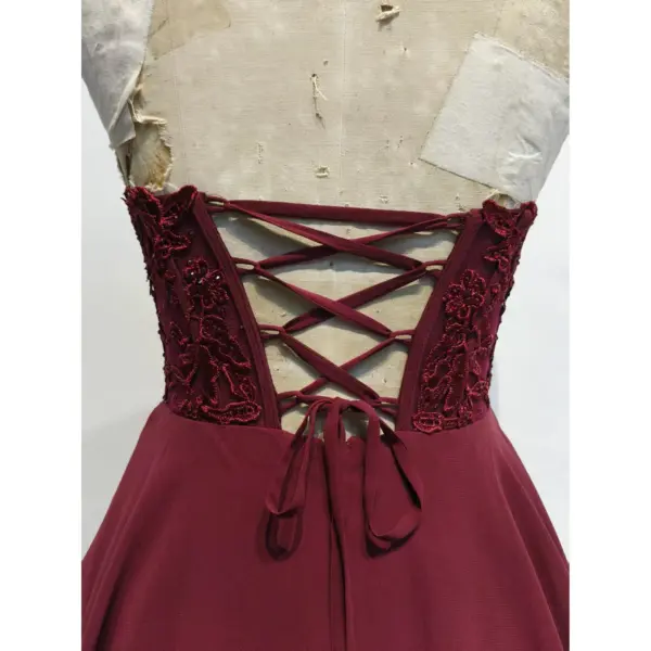 Elizabeth Burgundy Tiered Chiffon Ball Gown - Back Tailoring & Slit Detail