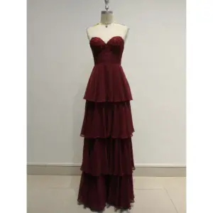 Stunning Elizabeth Burgundy tiered chiffon ball gown featuring a sweetheart neckline, intricate lace appliques with rhinestones on the bodice, and cascading layered chiffon skirt in rich burgundy hue.