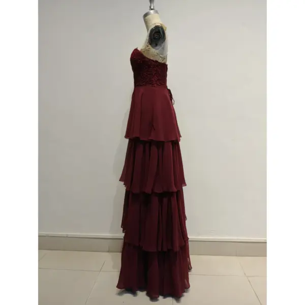 Elizabeth Burgundy Tiered Chiffon Ball Gown - Elegant Side Profile View