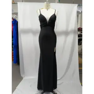 Front view of the Anita Black Jersey Slit Sheath Gown featuring a plunging sweetheart neckline, ruched bodice, figure-hugging stretch jersey fabric, and a seductive high side slit that reveals the leg.