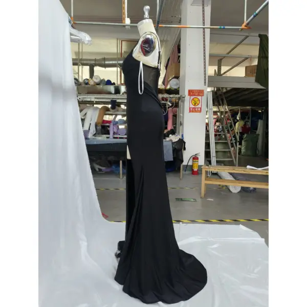 Anita Black Jersey Slit Sheath Gown - Elegant Side Profile View