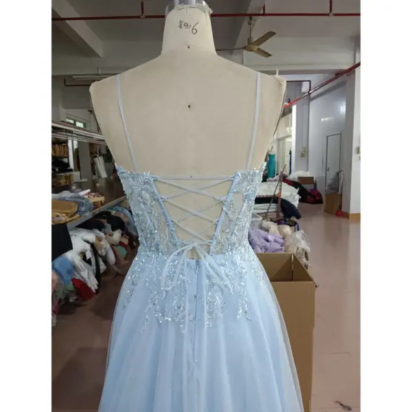 Emily Baby Blue Embroidered Tulle Ball Gown - Back Tailoring & Slit Detail