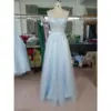 Front view of the Emily Baby Blue Tulle Ball Gown featuring a sweetheart neckline with delicate spaghetti straps, intricate silver sequin and embroidered lace appliques on the bodice and waist, and a full sparkling glitter tulle skirt.
