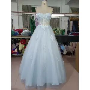 Stunning Baby Blue tulle ball gown on mannequin featuring a sparkling sweetheart neckline with intricate 3D floral lace appliques, embroidered details, and sequined sparkle throughout the full skirt.