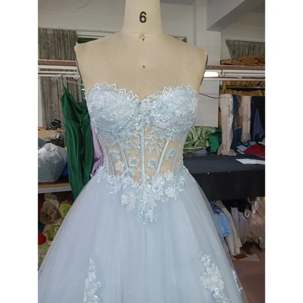 Zoé Baby Blue Embroidered Tulle Ball Gown - Bodice & Neckline Detail