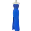 Stunning Royal Blue Victoire mermaid dress crafted from soft jersey fabric featuring intricate embroidery applique on a sweetheart strapless neckline, ruched detailing at the hips, and a seductive high slit.