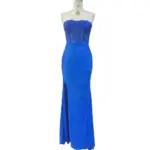 Stunning Royal Blue Victoire mermaid dress crafted from soft jersey fabric featuring intricate embroidery applique on a sweetheart strapless neckline, ruched detailing at the hips, and a seductive high slit.