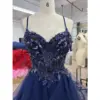 Kallista Navy Sparkle Tulle Embroidered Applique Gown - Detail View 2