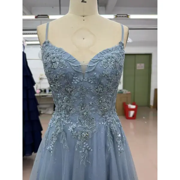 Iris Dusty Blue Sparkle Tulle Embroidered A-Line Gown - Detail View 2