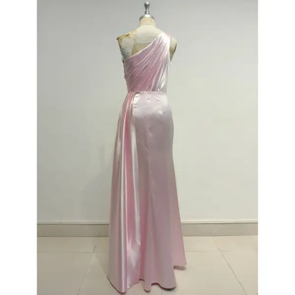Back view of Liora Baby Pink Polyester Satin Ruched Sheath Gown displaying the smooth closed back, hidden zipper closure, and fluid drape of the luxurious satin fabric cascading to the floor.