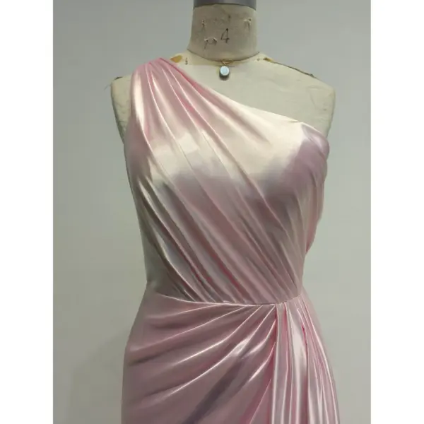 Liora Baby Pink Polyester Satin Ruched Sheath Gown - Bodice & Neckline Detail