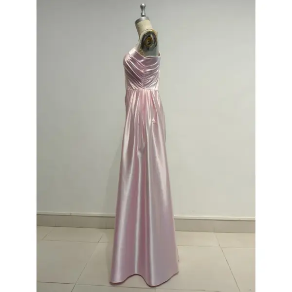 Liora Baby Pink Polyester Satin Ruched Sheath Gown - Elegant Side Profile View