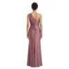 Back view of the Vivienne Grape One-Shoulder Ruched Jersey Gown featuring a sleek one-shoulder design, intricate ruching across the back with a central zipper closure, and a smooth floor-length skirt with subtle train. The rich grape jersey fabric drapes beautifully for an elegant silhouette.