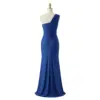 Back view of the Isabella royal blue jersey gown showcasing the one-shoulder design with elegant draping and ruching that continues into a fitted silhouette. Features a concealed back zipper closure, smooth jersey fabric, and a floor-length hem with a high slit for graceful movement.