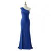 Elegant royal blue jersey one-shoulder gown on a mannequin featuring soft draped neckline, intricate ruching at the bodice and waist, and a figure-flattering sheath silhouette with a subtle high slit. The luxurious jersey fabric offers beautiful drape and movement.
