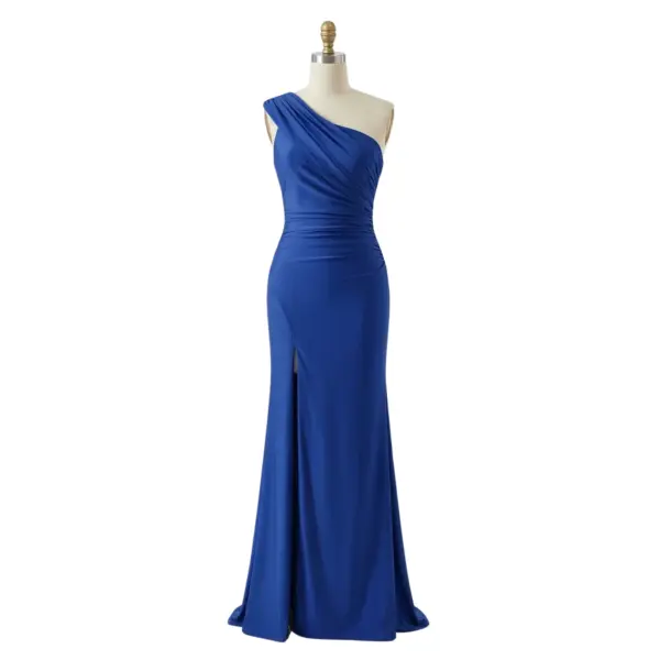 Elegant royal blue jersey one-shoulder gown on a mannequin featuring soft draped neckline, intricate ruching at the bodice and waist, and a figure-flattering sheath silhouette with a subtle high slit. The luxurious jersey fabric offers beautiful drape and movement.