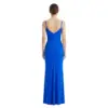 Detailed back view of the Elodie Ruched Jersey Mermaid Gown highlighting the V-back design with thin spaghetti straps and hidden zipper closure, emphasizing the smooth jersey fabric and fitted mermaid shape.